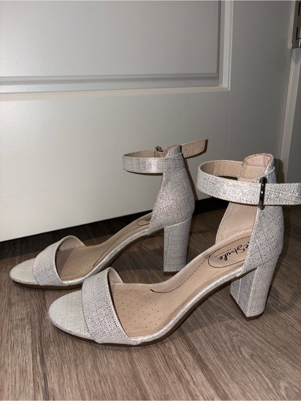 Ankle Strap Block Heel Sandals in Light Beige
